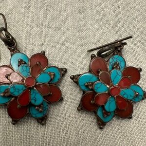 Elegant Indian turquoise and silver star floral earrings